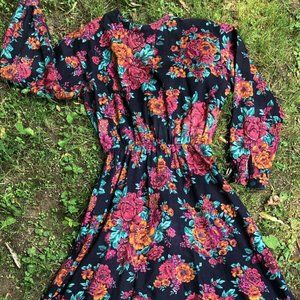 Vtg Boho Floral Maxi Dress Sleeves Pads 80s 90s Buttons Elastic Waist Grunge